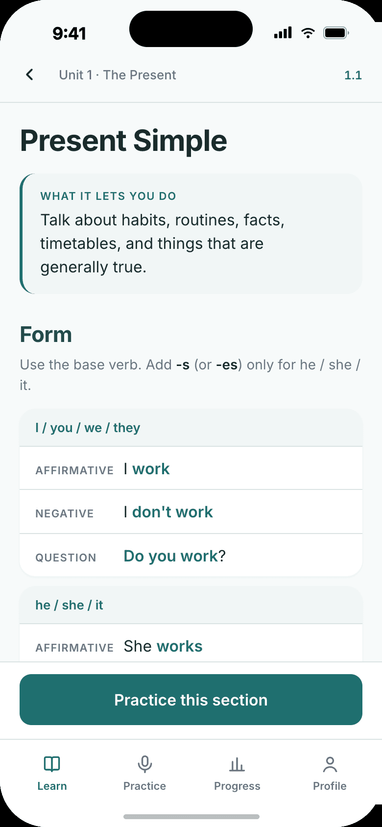 A Speakwell lesson on Present Simple, showing a Say this / Not this card